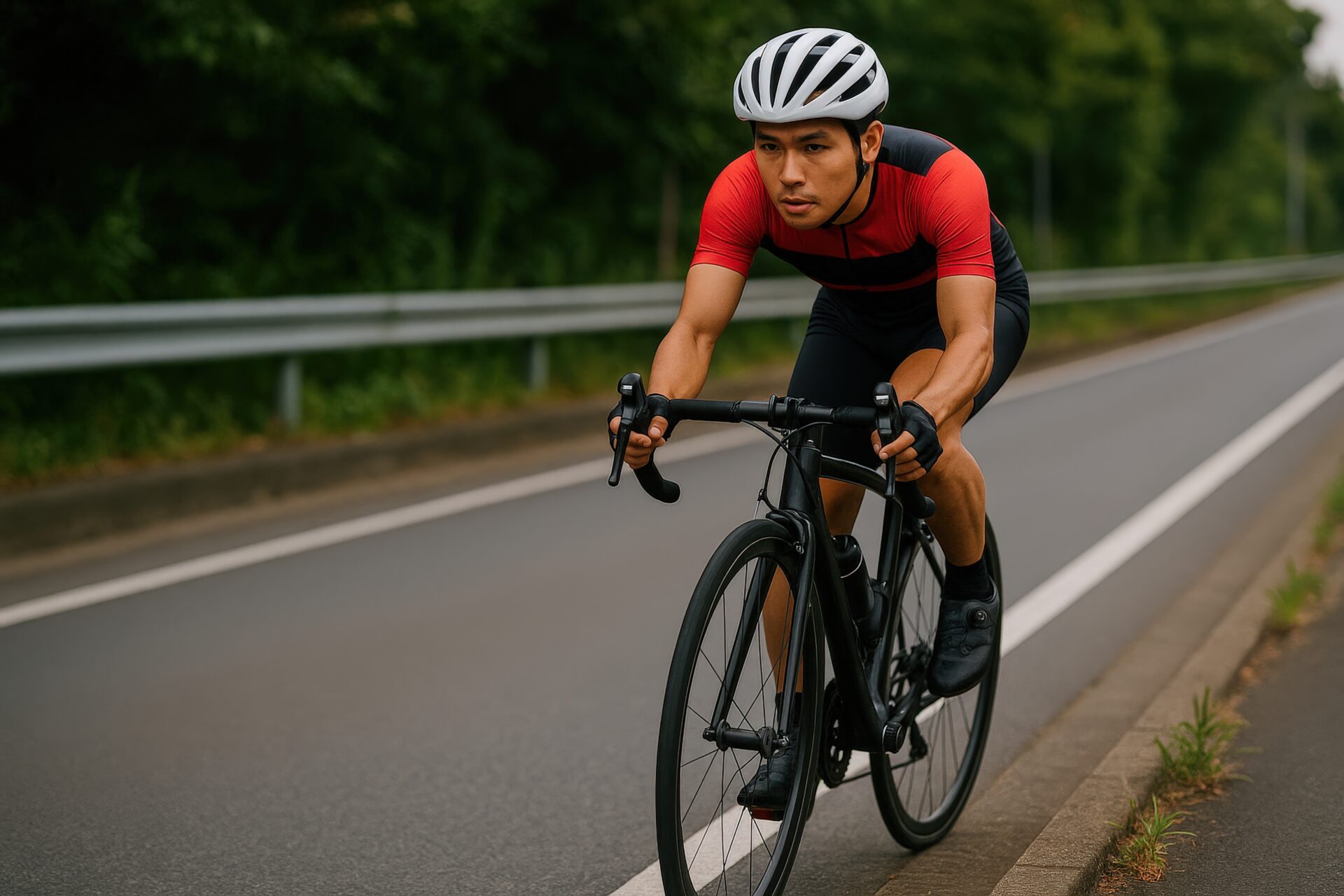 赤と黒のジャージでロードバイクに乗る若い男性