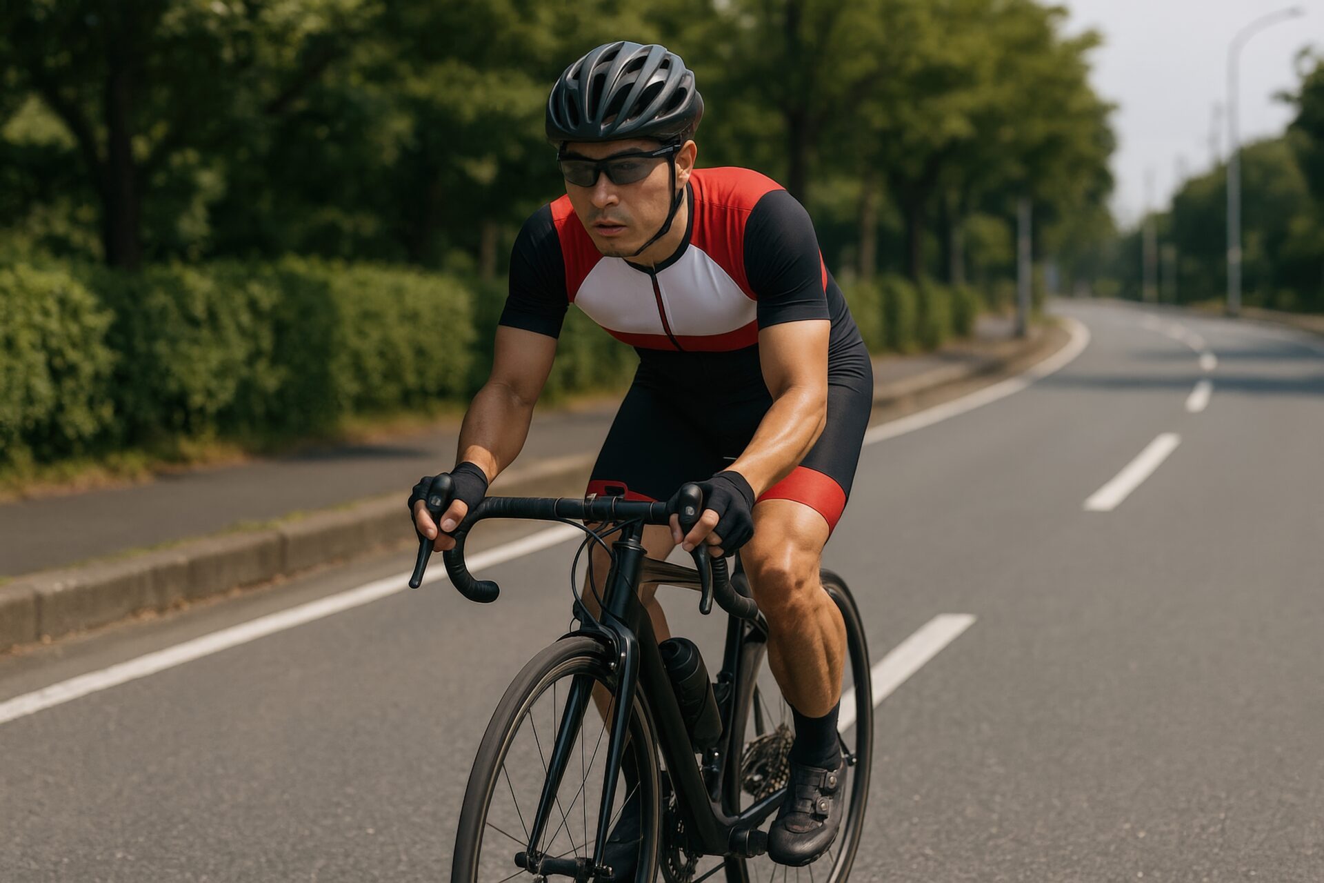 赤と白のジャージでロードバイクを走らせる若い男性