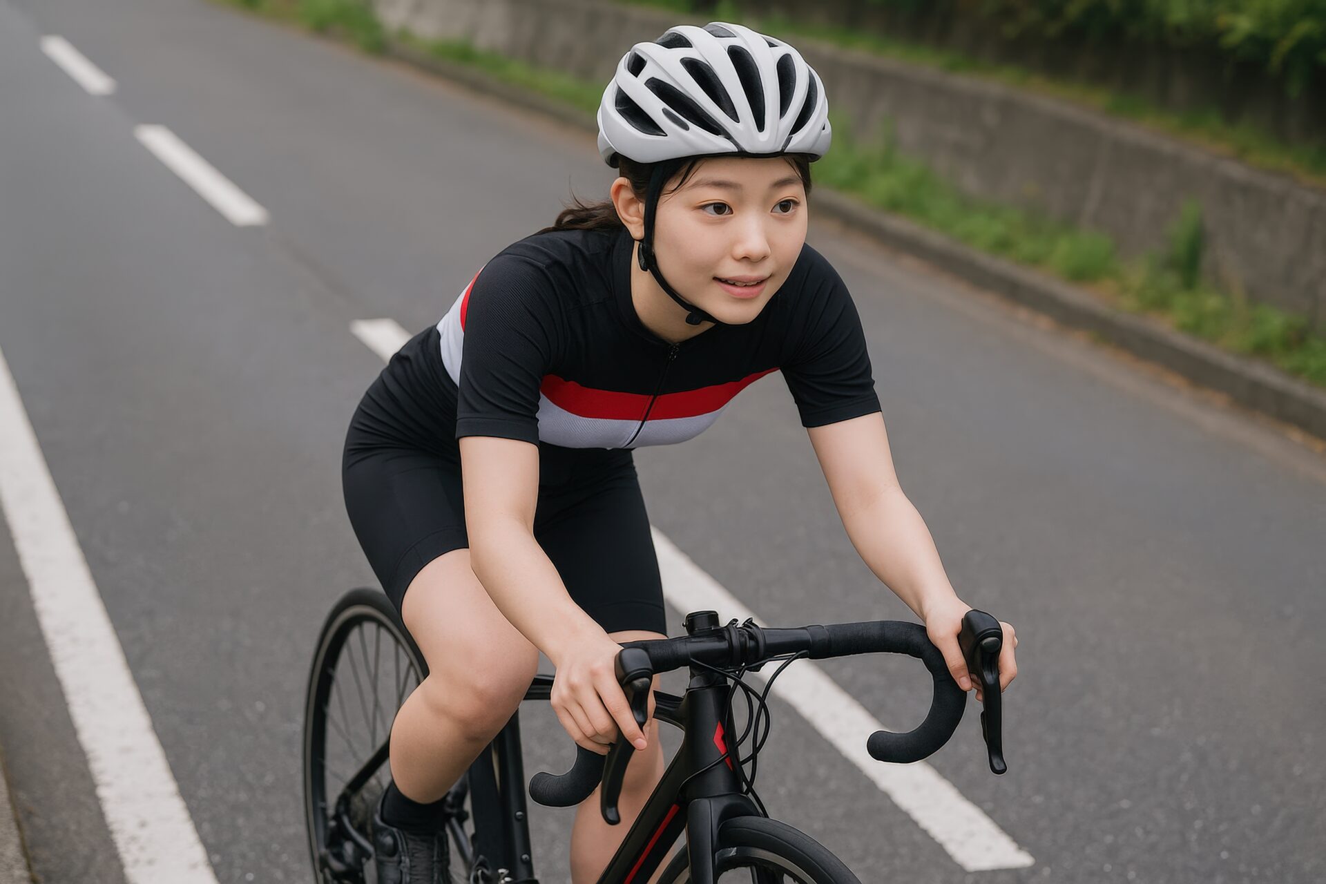 黒いサイクルジャージでロードバイクに乗る若い女性