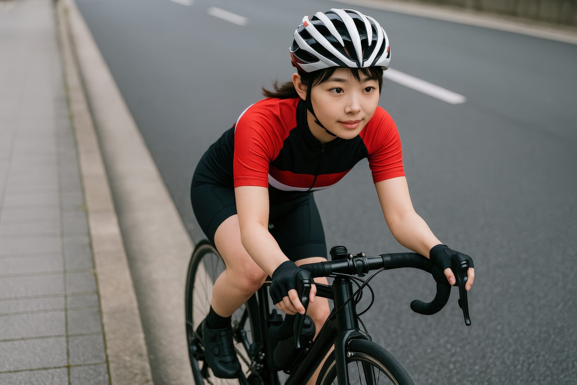 赤いジャージで舗道を走る若い女性サイクリスト