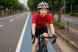 赤い半袖ジャージでバイクレーンを走る若い女性