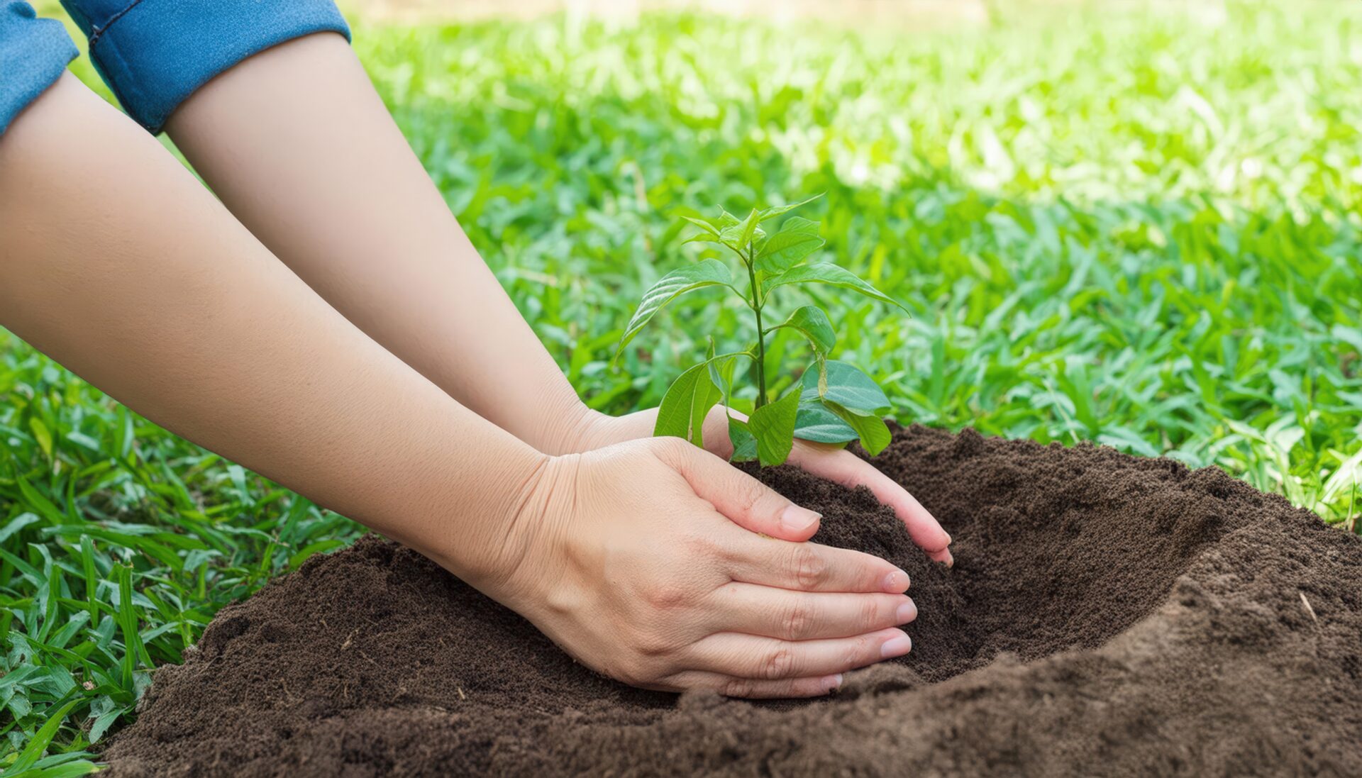 小さな苗木を植える手元のクローズアップ