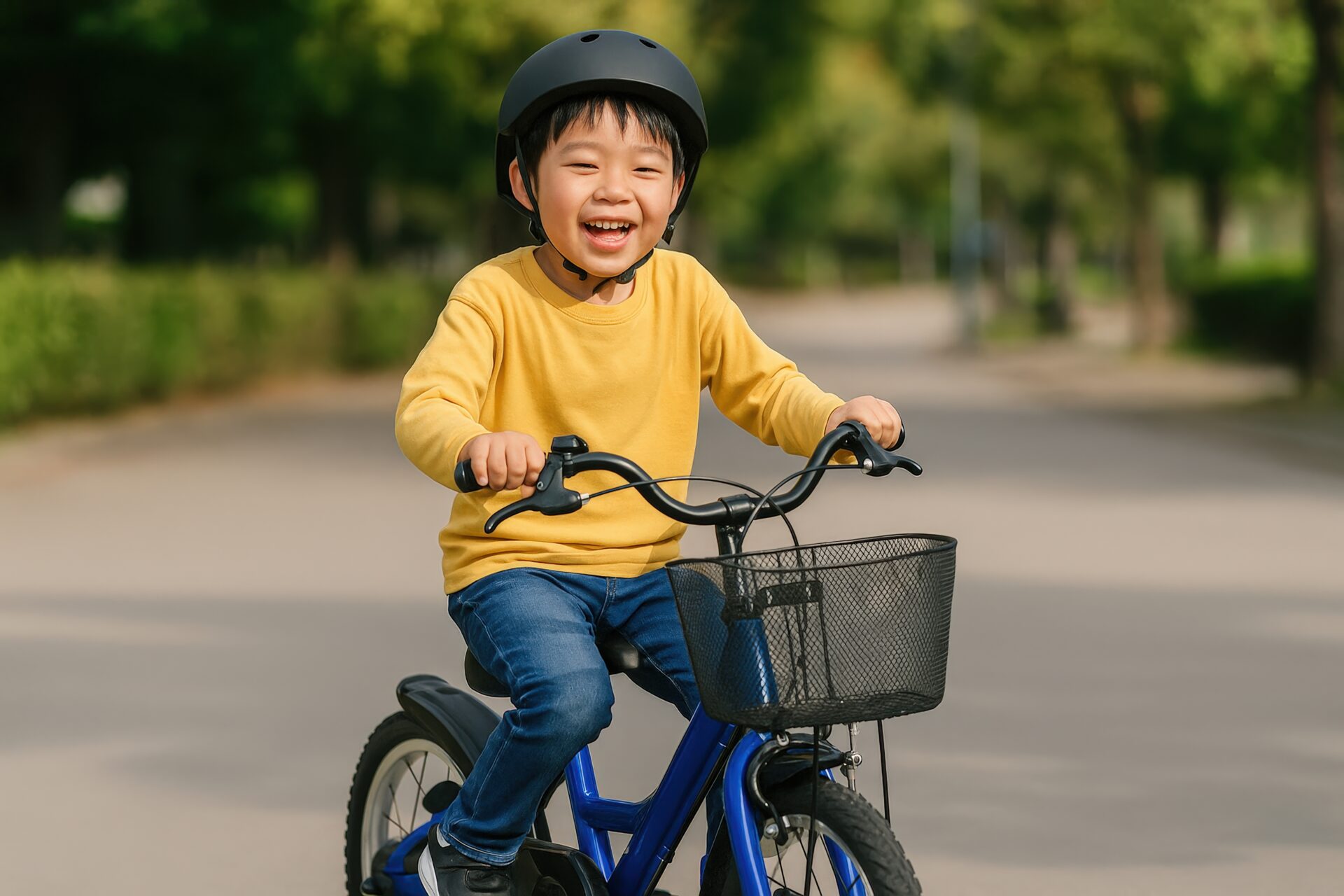 青い自転車に乗って練習する黄色い服の男の子