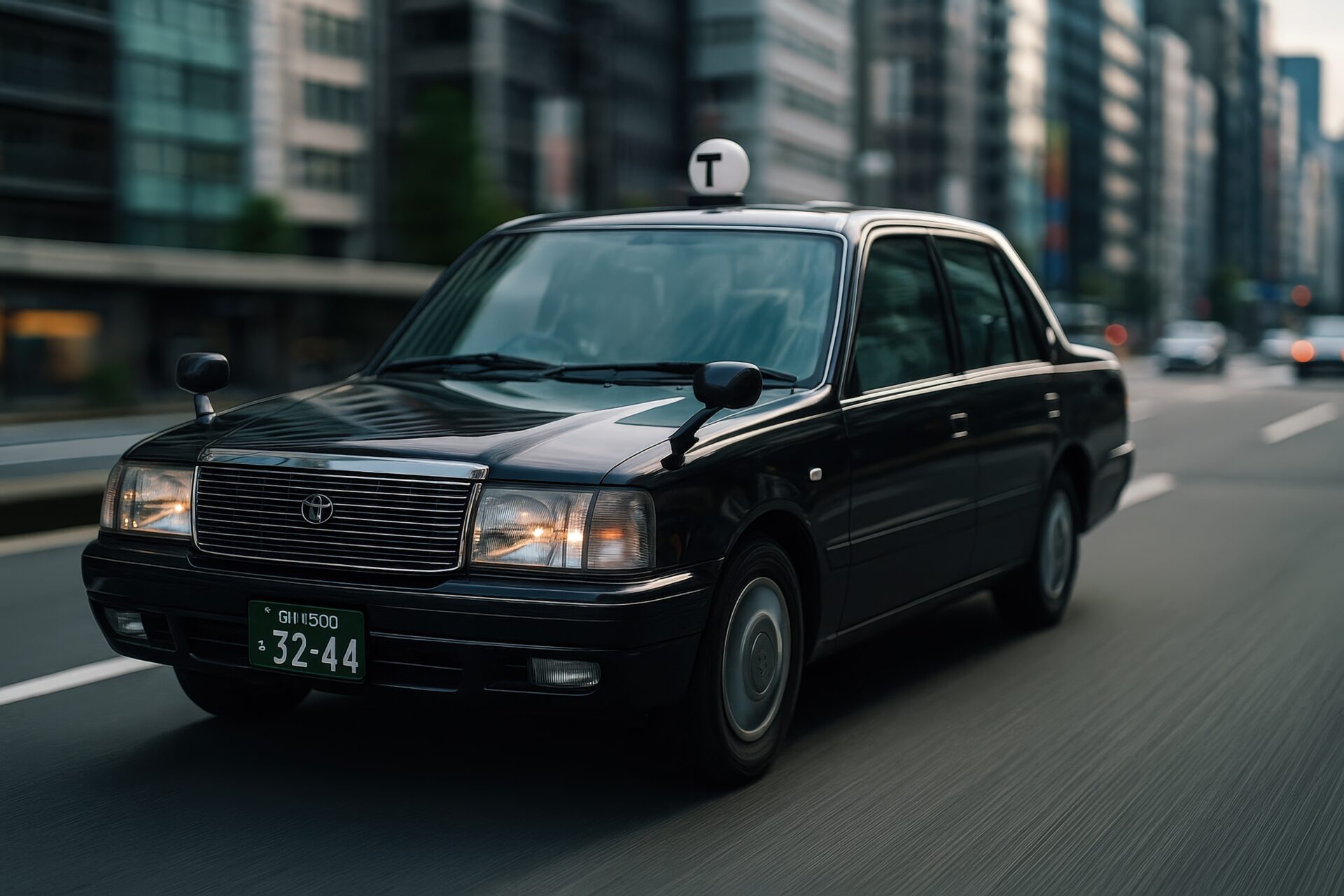 都市を走行する黒塗りのタクシー