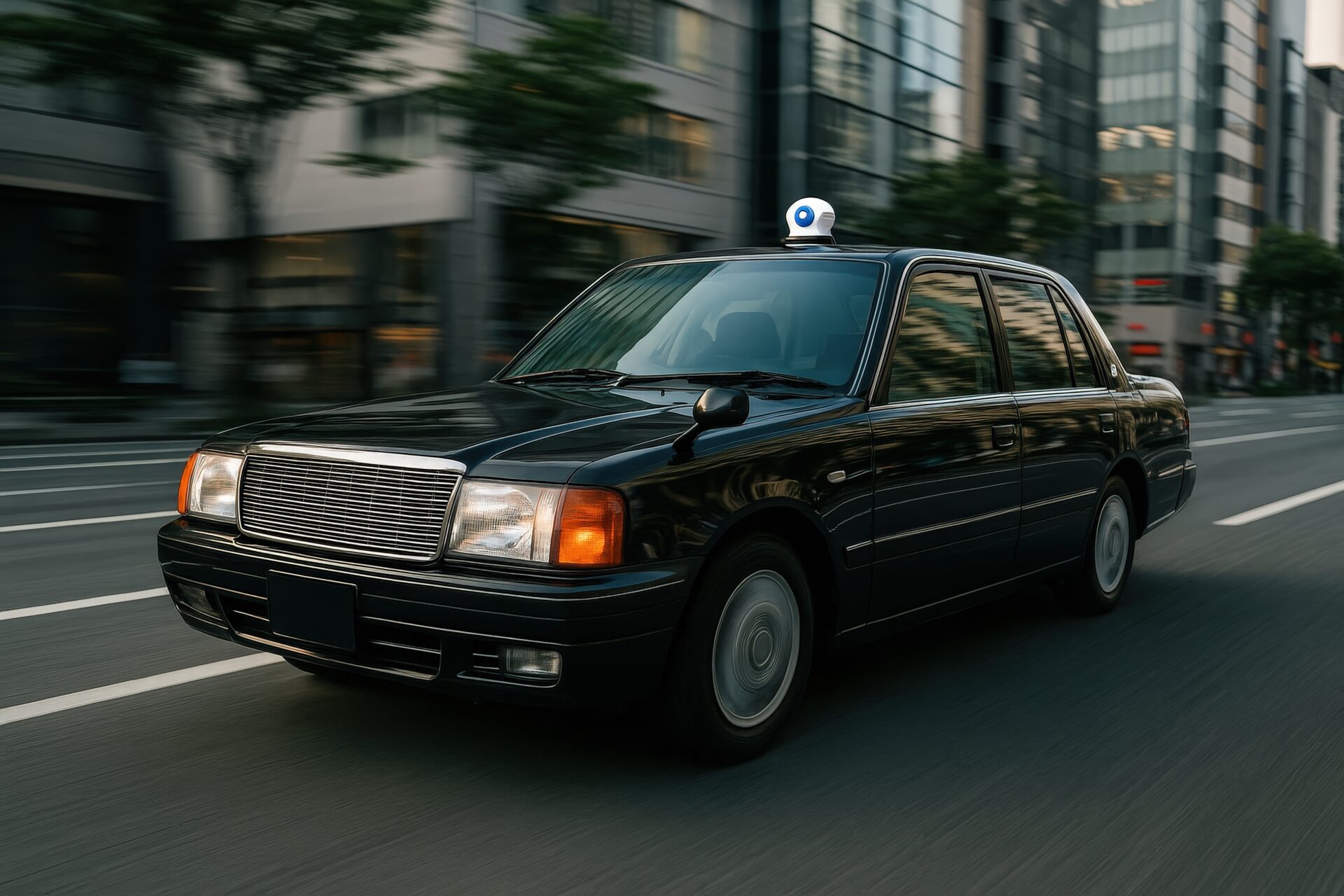 ビル街を走るクラシックなタクシー車両