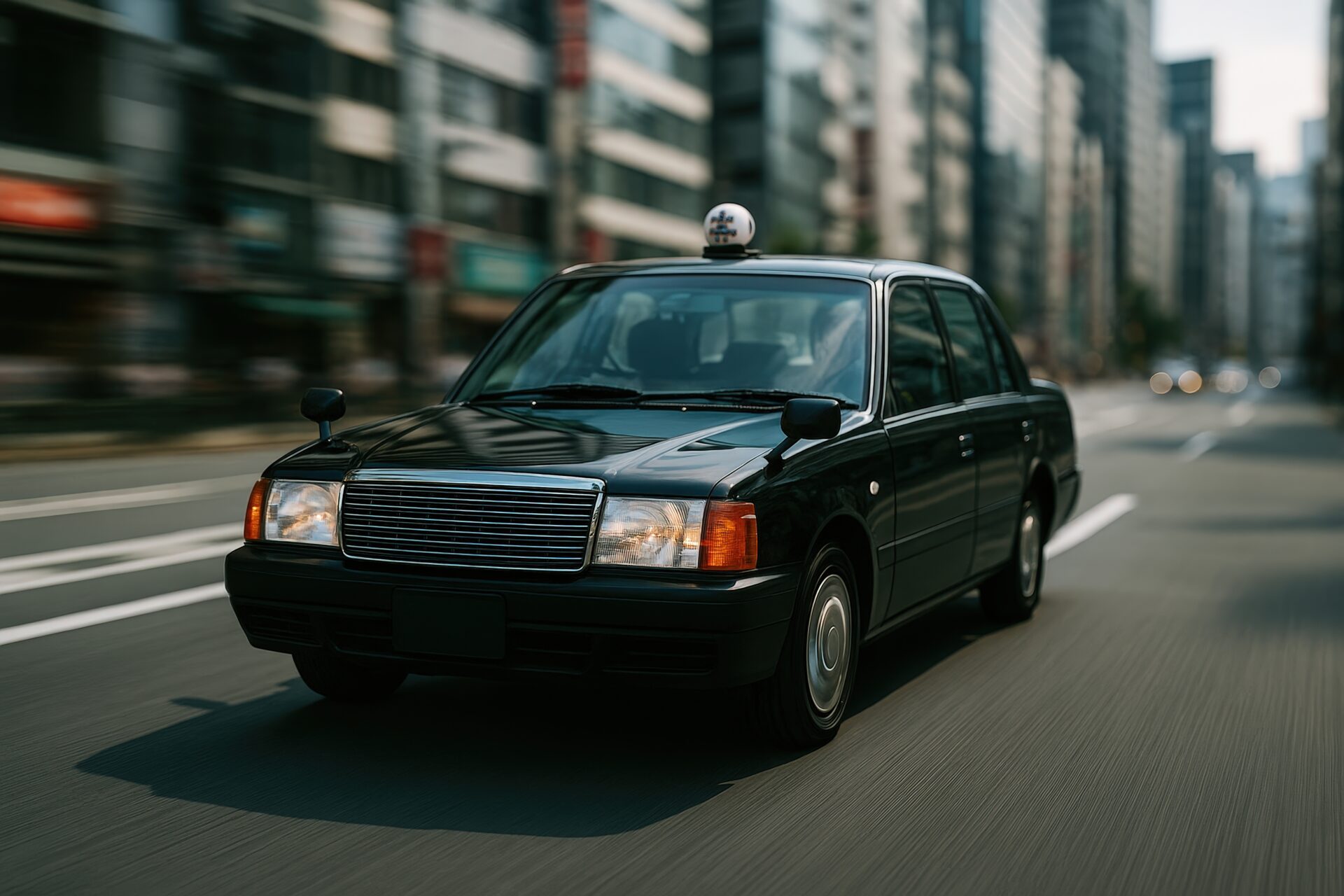 都心を駆け抜ける黒いセダン型タクシー