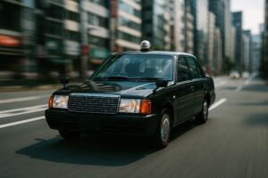 都心を駆け抜ける黒いセダン型タクシー