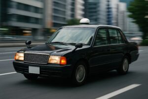 走行中の黒塗りタクシーとビジネス街の風景