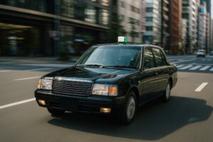 都心の道路を走るレトロなタクシー車両