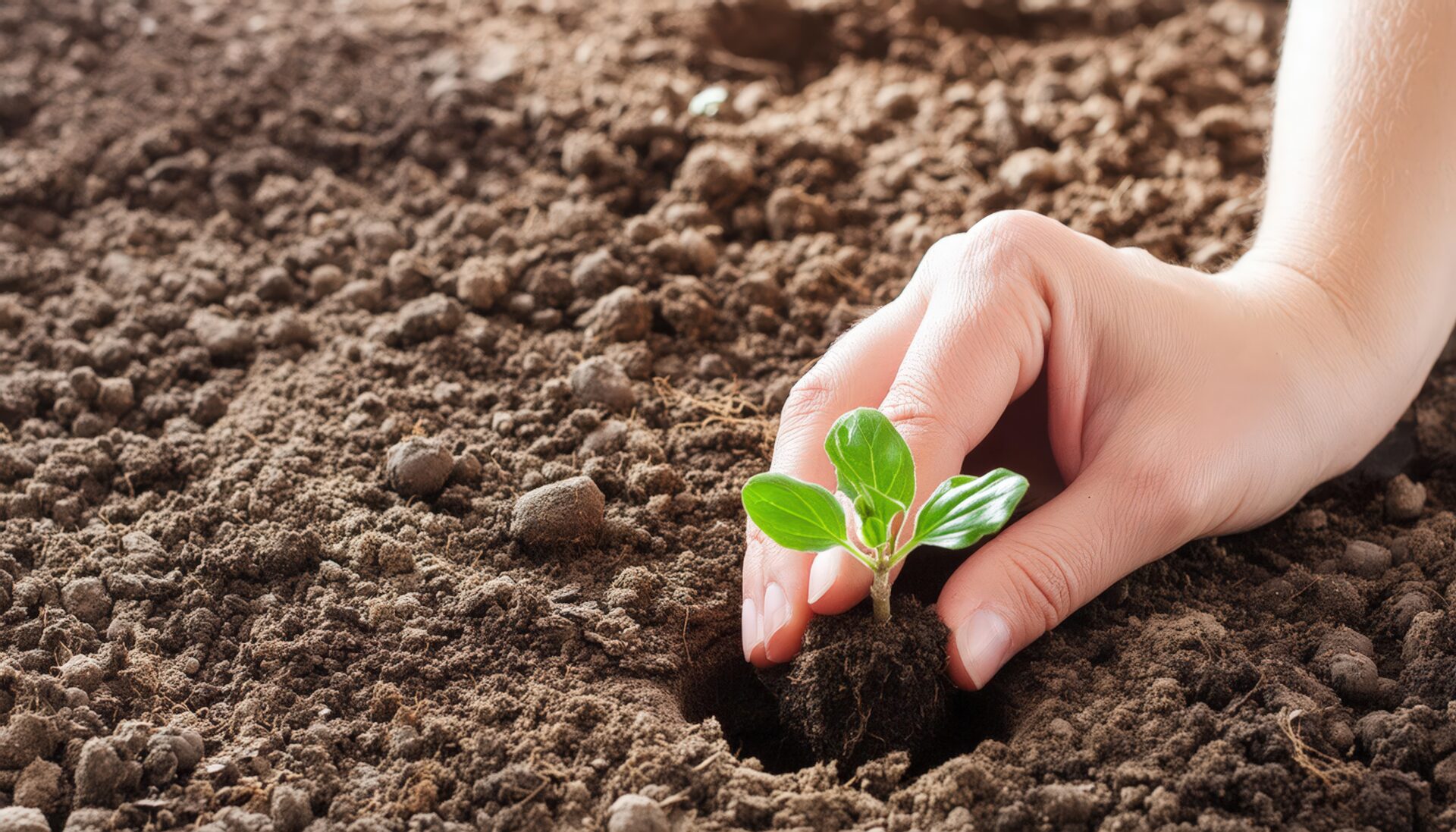 苗木を土に植える瞬間の手元