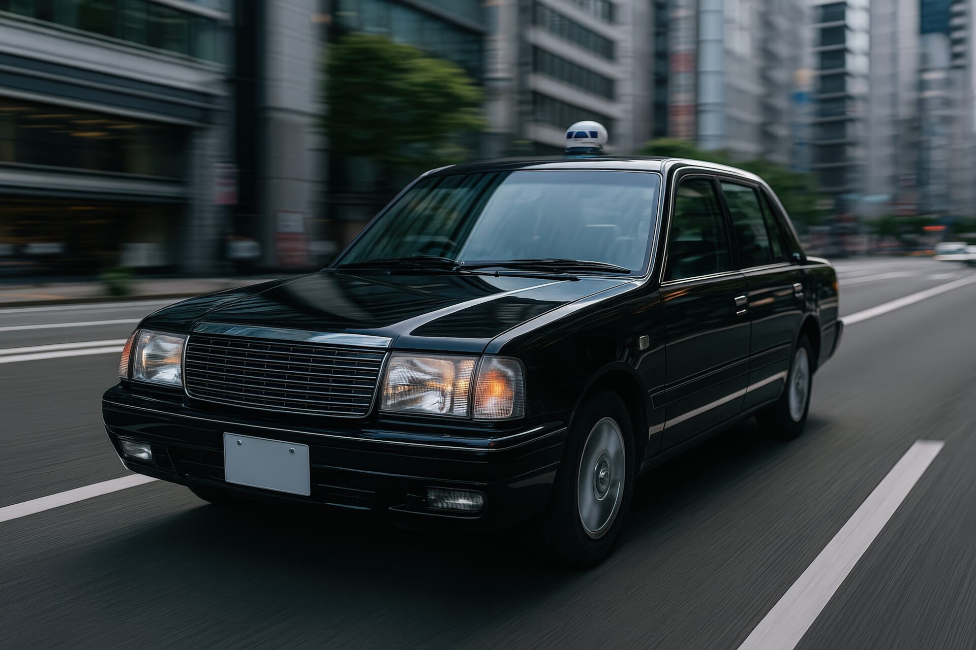 緑のランプが点灯したタクシーの走行シーン