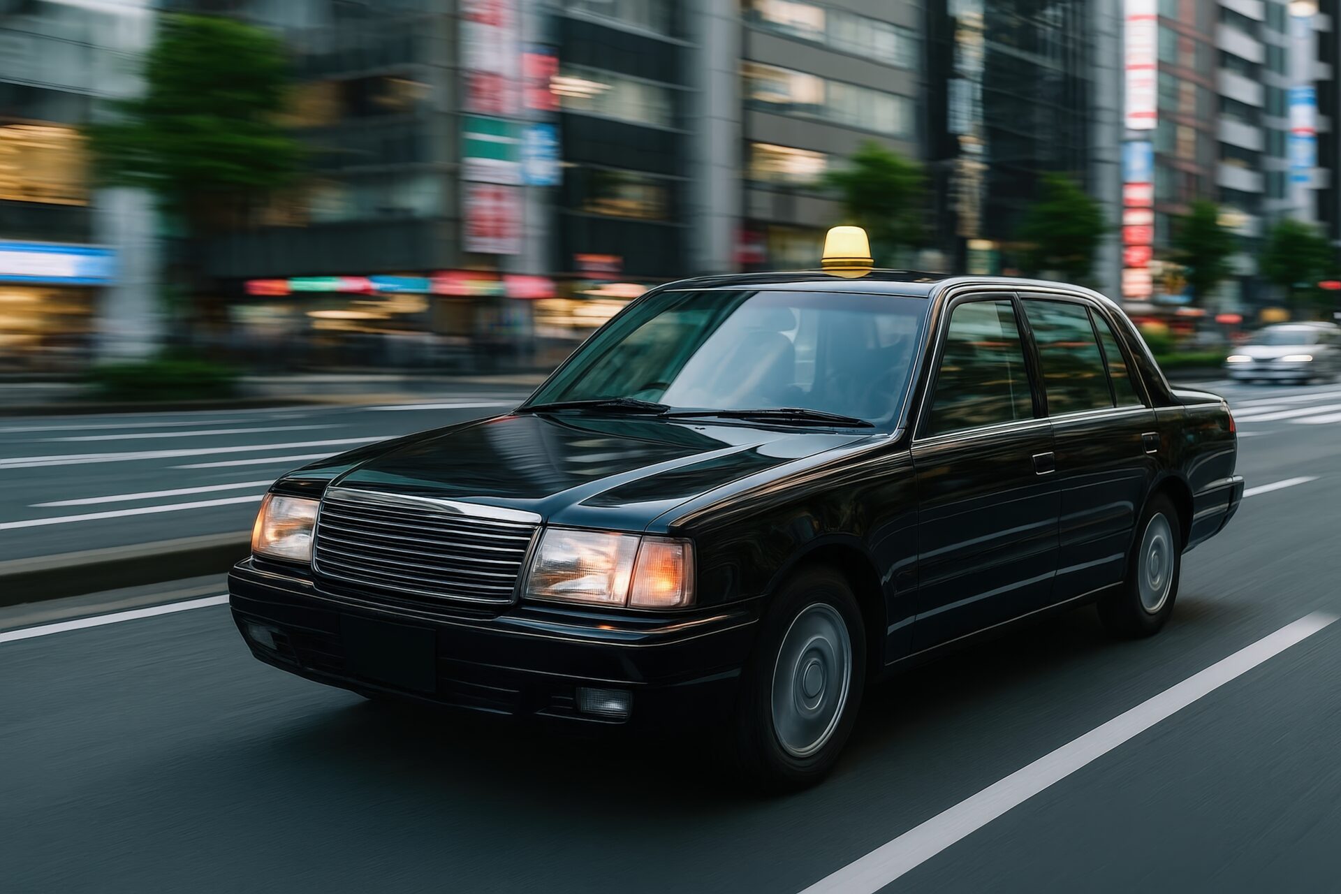 夕暮れの都市を走行する黄色ランプのタクシー