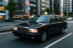 夕暮れの都市を走行する黄色ランプのタクシー