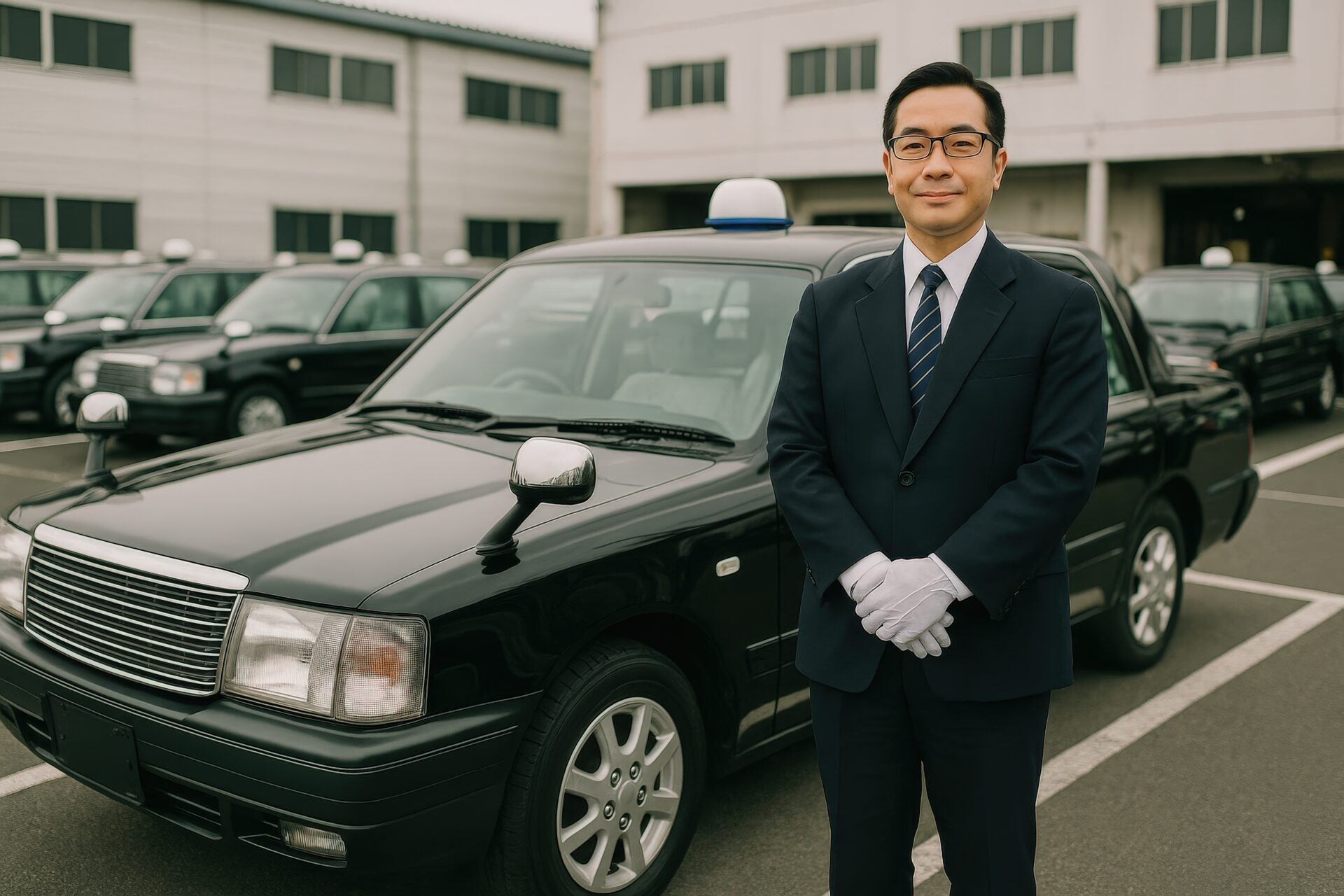 黒いタクシーの前で整列するタクシー運転手の男性