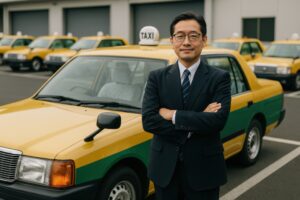 黄色と緑のタクシーの前で腕を組むドライバー