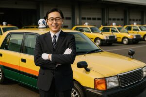 タクシー車両の前で笑顔を見せる制服姿の男性