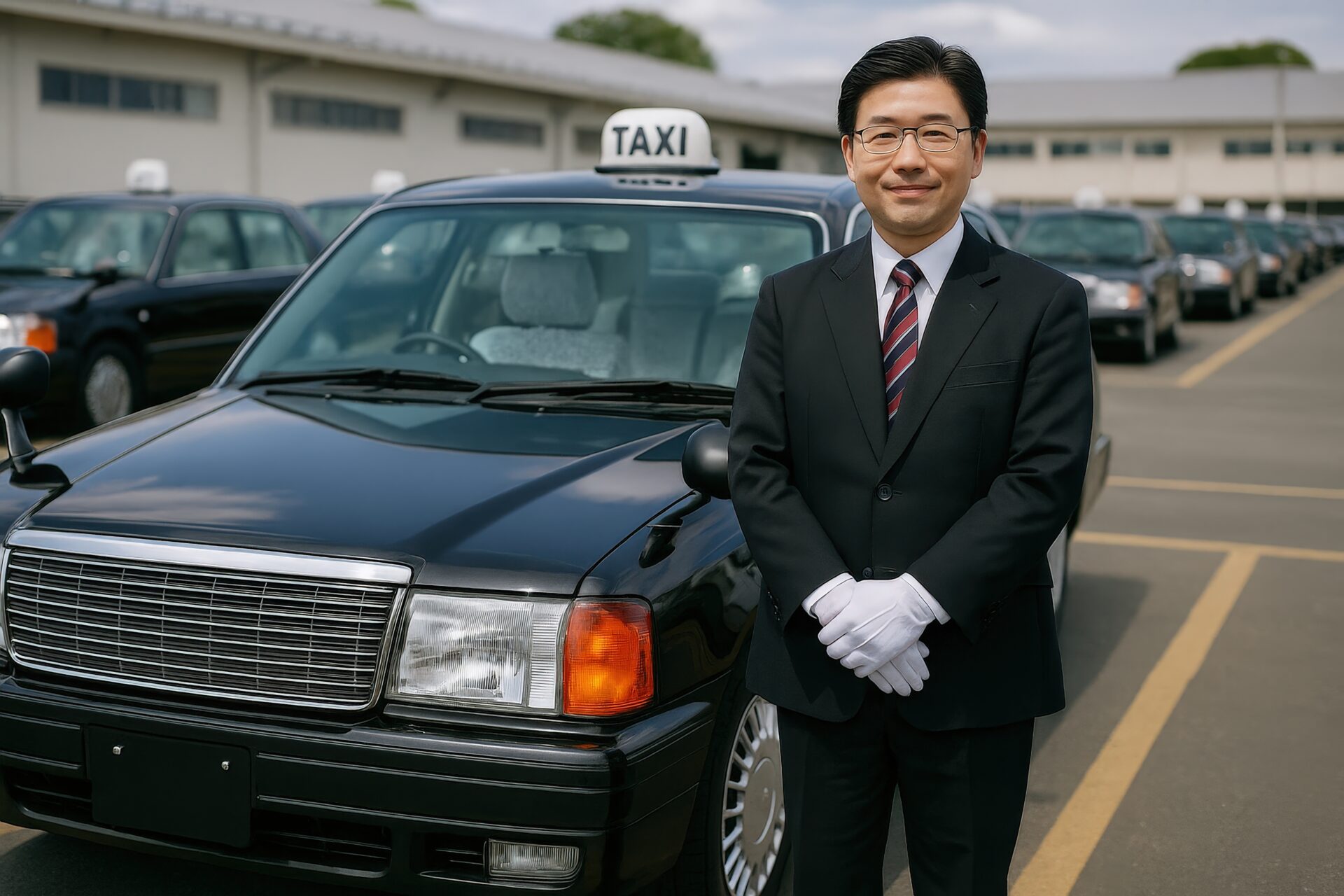 黒塗りのタクシーの前に立つスーツ姿のドライバー