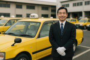黄色いタクシーの前で微笑むベテランドライバー