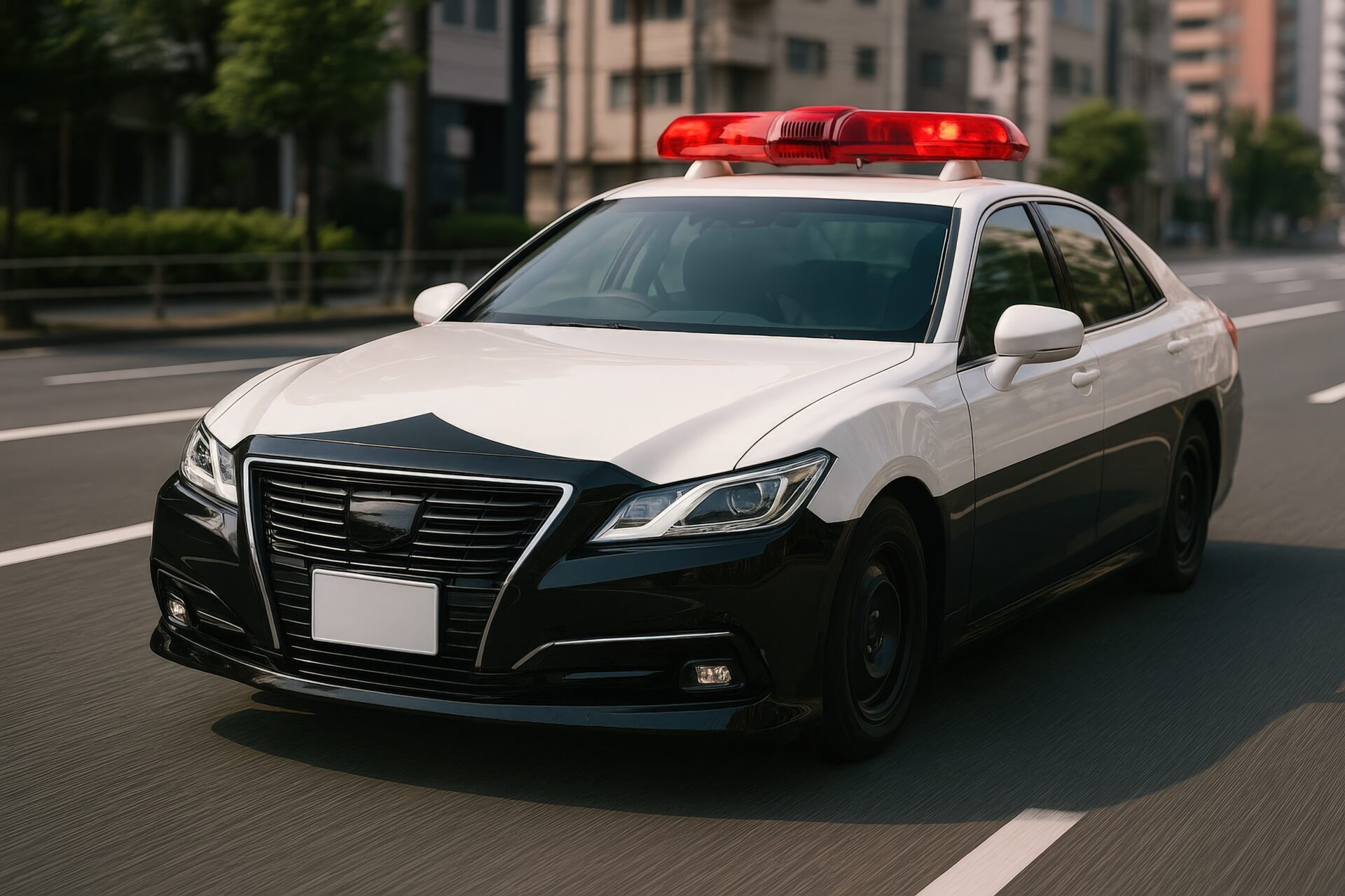 交差点付近を走る白黒塗装のパトロールカー