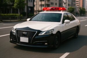 交差点付近を走る白黒塗装のパトロールカー