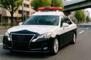 高架下の道路を巡回するパトカー