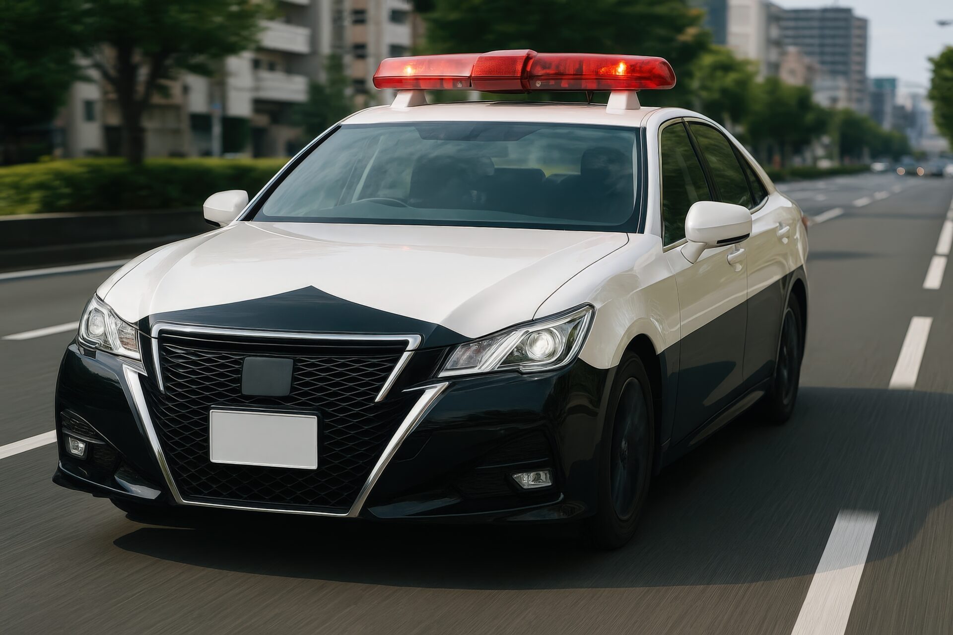都市部の道を走る緊急出動中の警察車両