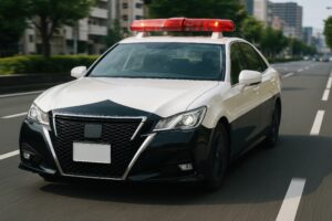 都市部の道を走る緊急出動中の警察車両