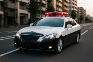 夕方の市街地を走行中のパトロールカー