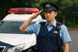 パトカーの前で敬礼する制服姿の警察官