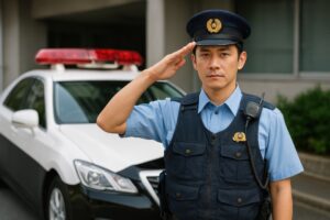 制服姿で敬礼する男性巡査とパトカー