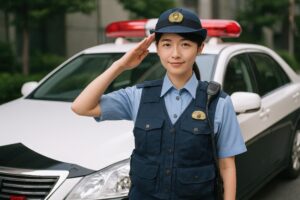 パトカーの前で敬礼する女性巡査