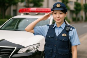女性警察官がパトロールカーの前で敬礼