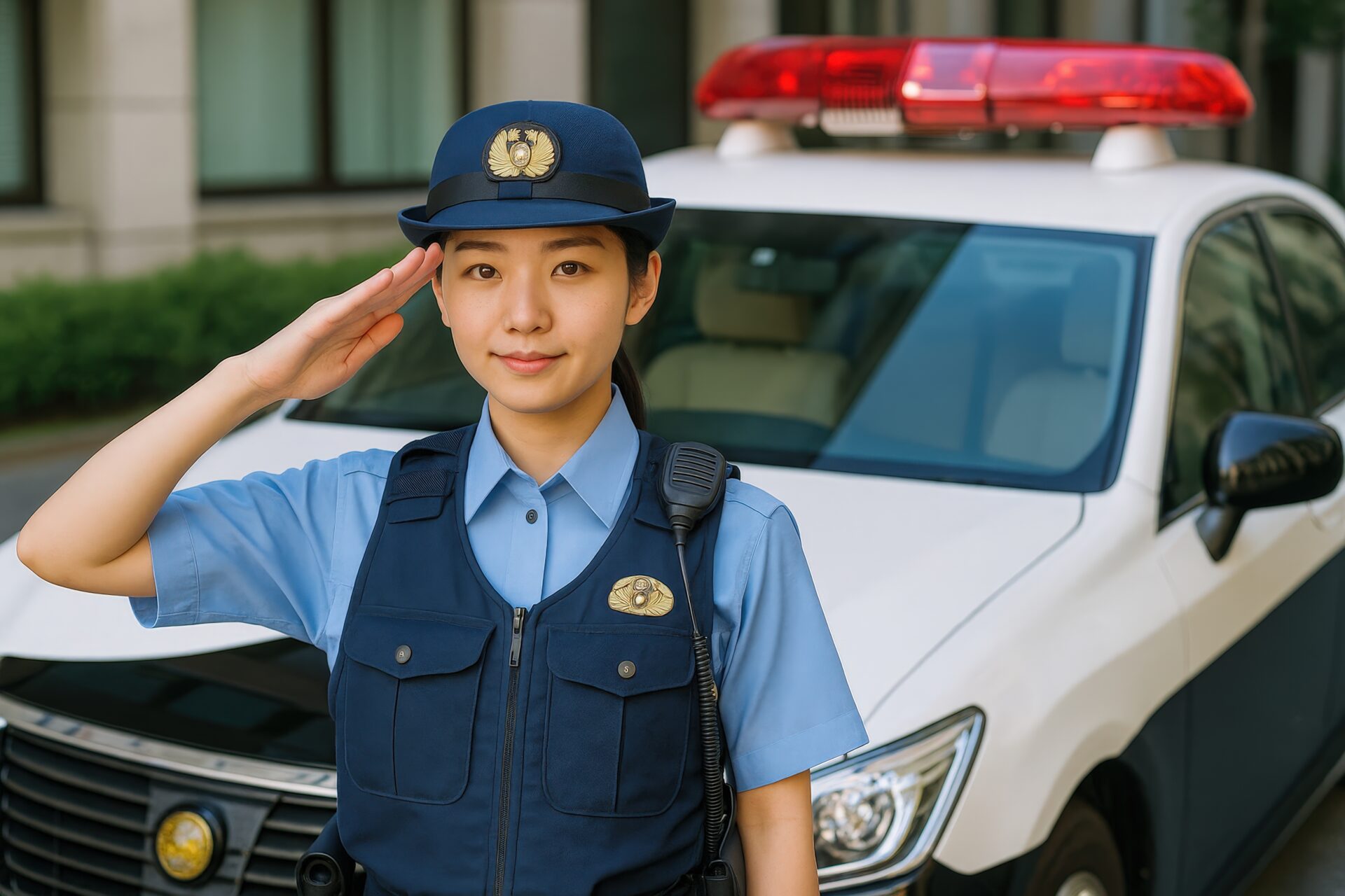 制服を着た女性巡査が敬礼する様子