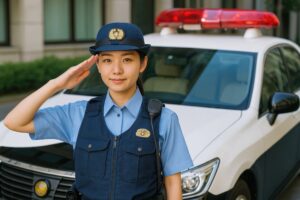 制服を着た女性巡査が敬礼する様子
