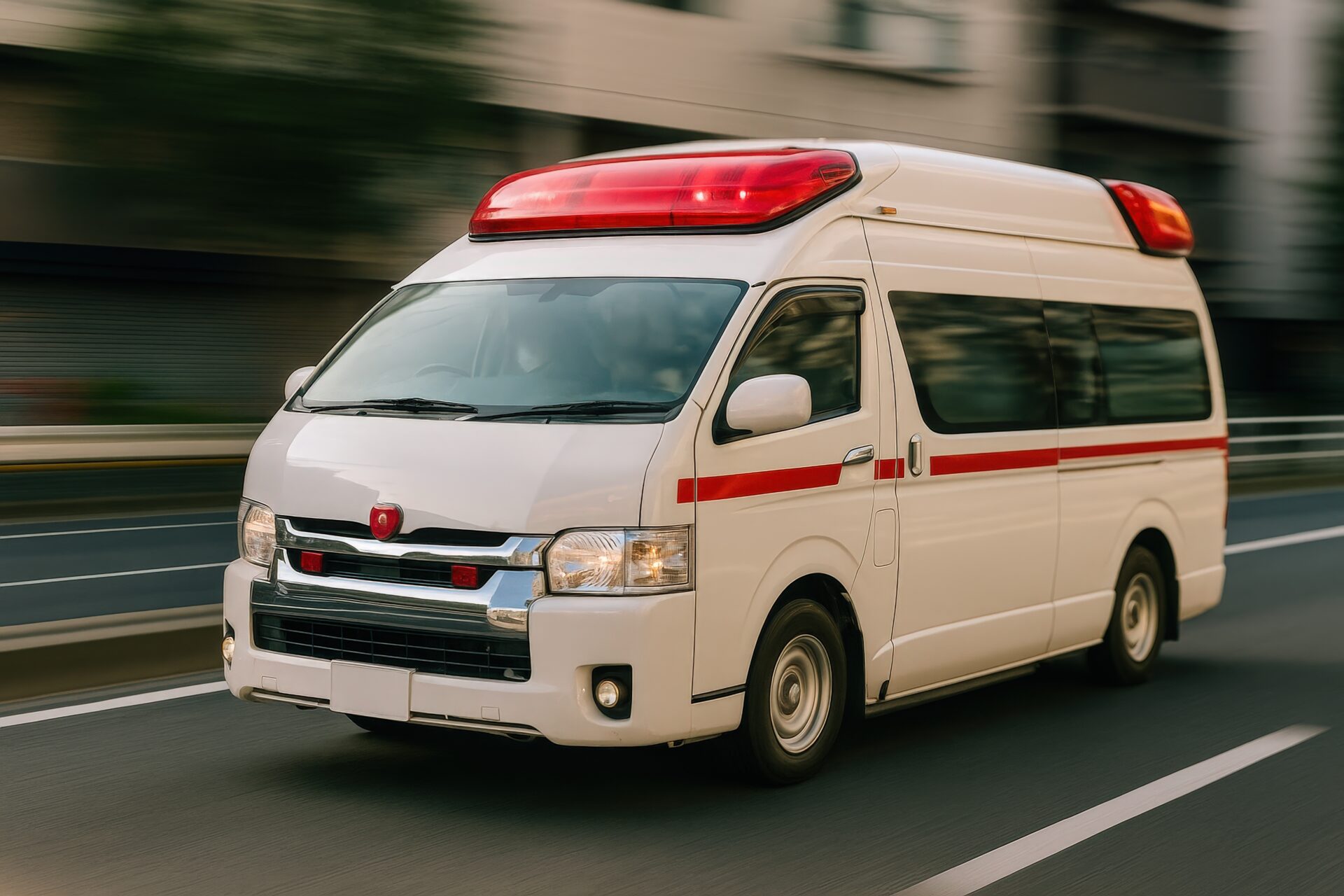道路を走行する赤色灯のついた救急車