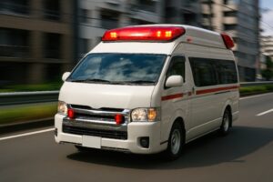 建物の間を走るサイレンを鳴らす救急車