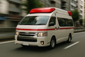 緊急走行中の白い車体の救急車