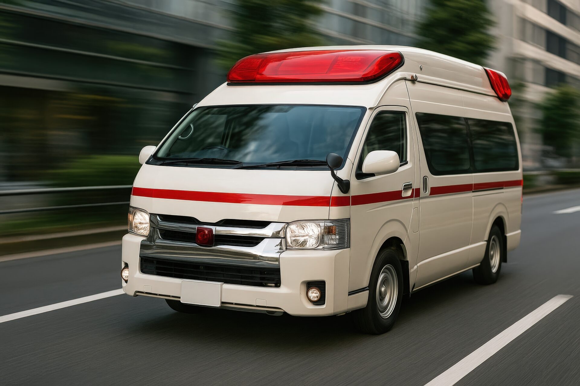 通りを走行する赤いラインの救急車