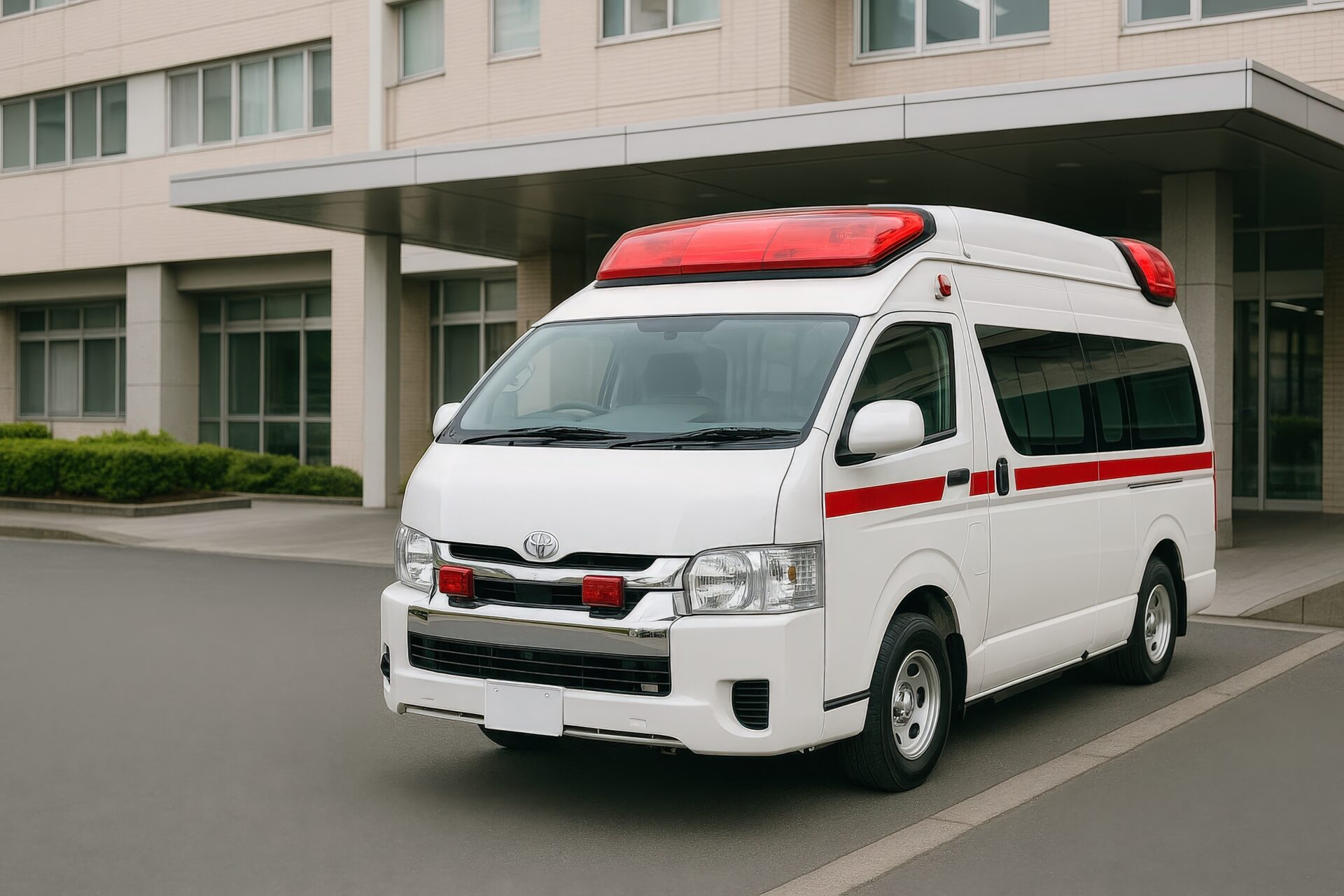 病院前に停車する赤色灯付きの救急車
