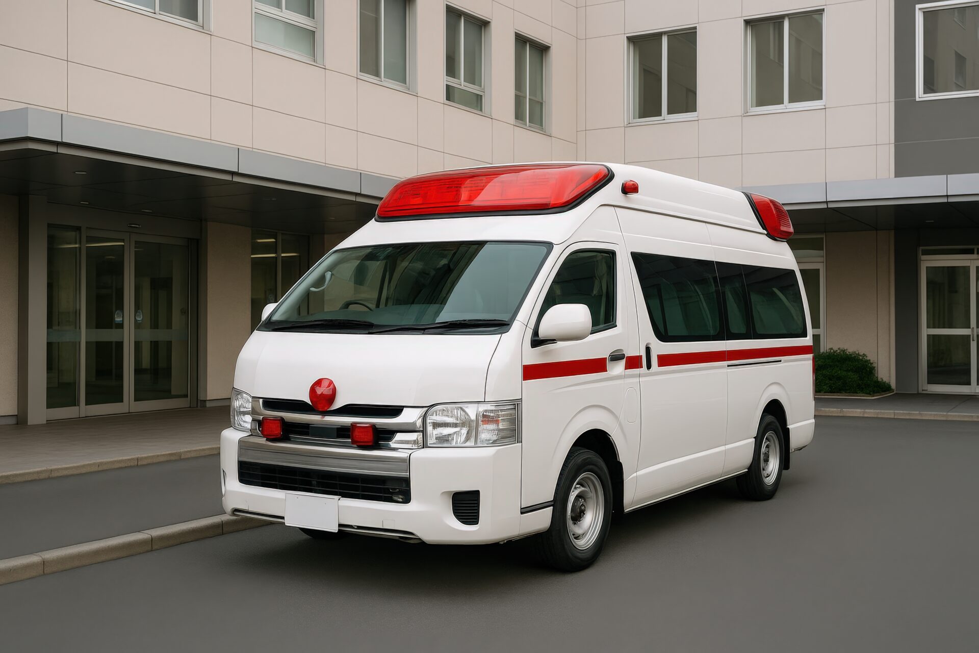 建物の入口付近に待機する救急車