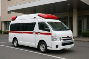 医療施設の前に駐車した白い救急車
