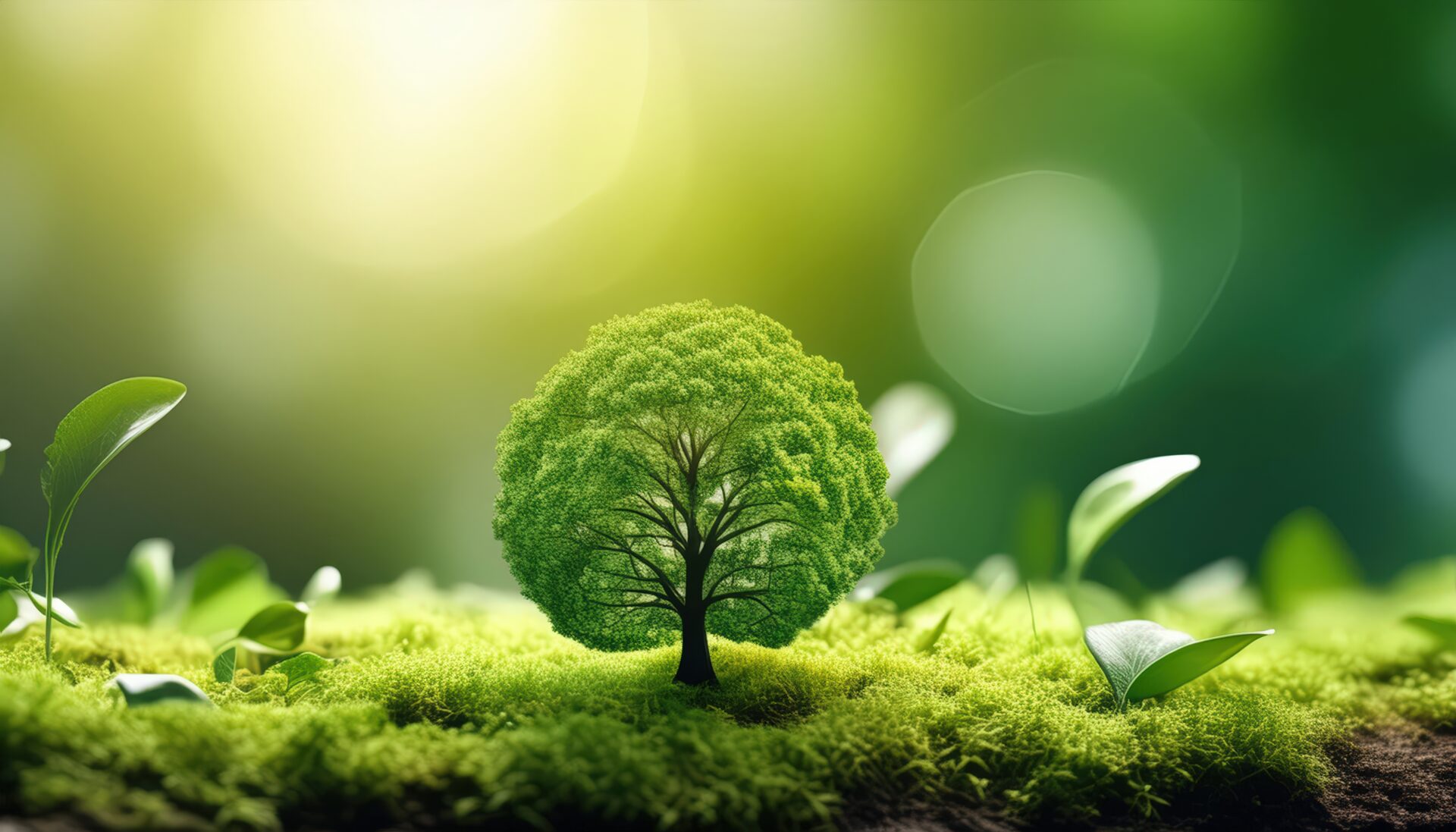 小さな木と若葉が広がる幻想的な風景