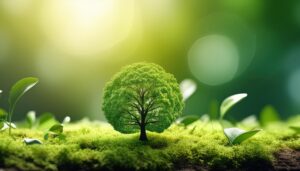 小さな木と若葉が広がる幻想的な風景