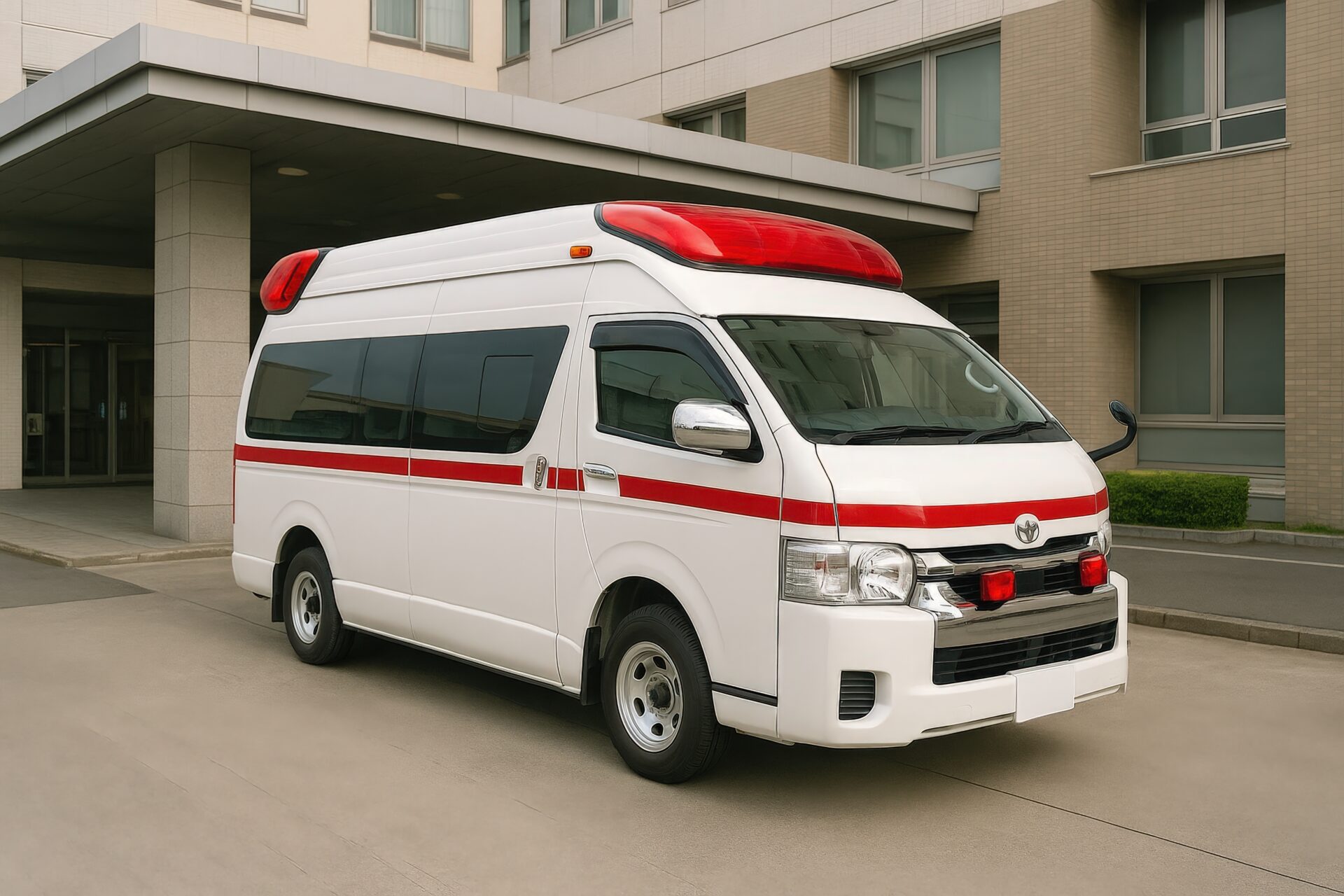 医療機関の玄関先に停まる緊急車両