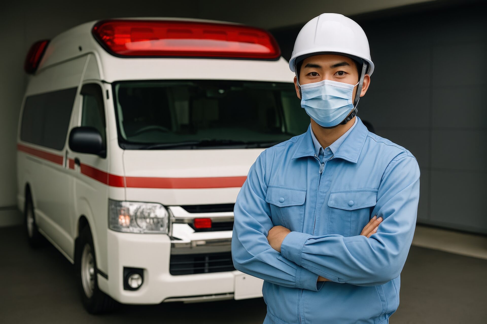救急車の前で腕を組む救急隊員