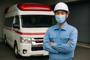 救急車の前で腕を組む救急隊員