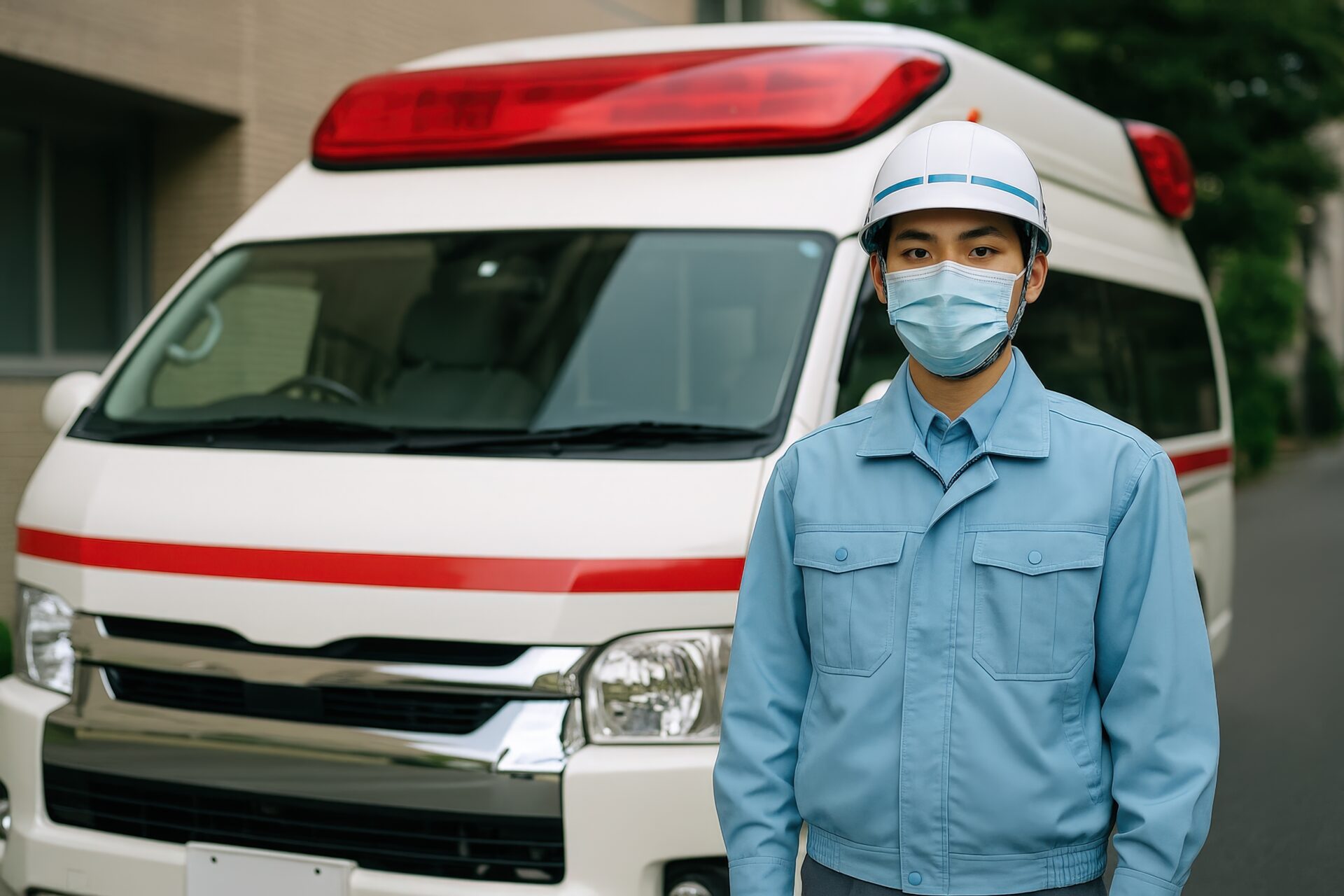 マスクとヘルメットを着用した救急隊員