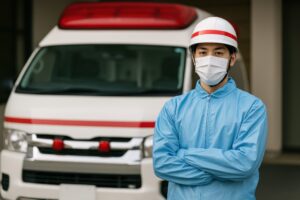 防護服とマスクを着けた救急隊員