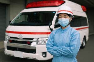 救急車の前で構える防護服の女性隊員