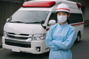 真剣な表情で立つ防護服姿の女性隊員